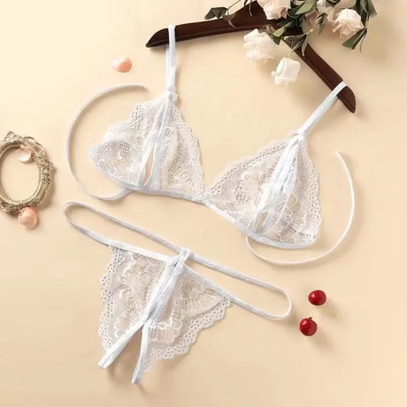 New Style Erotic Three-point Lingerie Set Women's Lace Hollowed Out Non Adjustable Underwear Sexy Crotchless Low Waist G-string