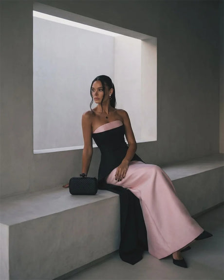 Sansa Customized Contrast Color Strapless Satin Evening Dress Black Pink Patchwork Waist Bow Long Side Train Wedding Guest Gown