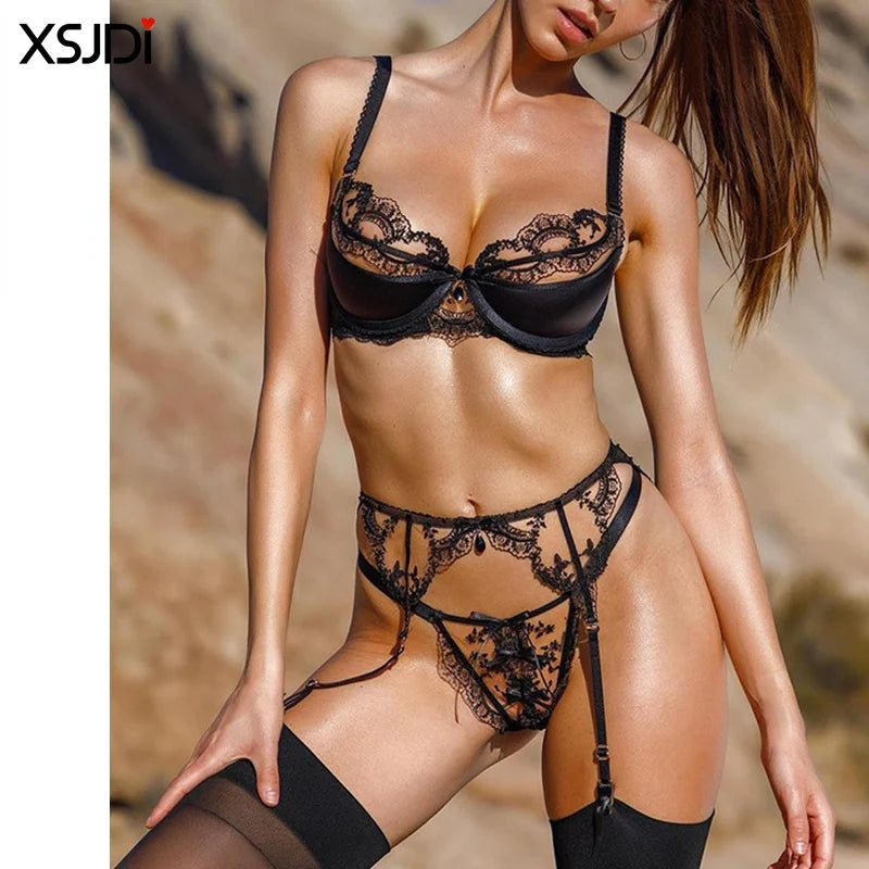 4PCS Sexy Embroidered Lingerie Set Women's Sexy Lingerie Transparent Gathering Bra Panty Garter Set Erotic Exotic Set
