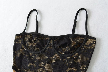 Sexy Black Floral Lace High Split Bodysuit Spaghetti Strap Elastic Slim High-Cut Tops Jumpsuits
