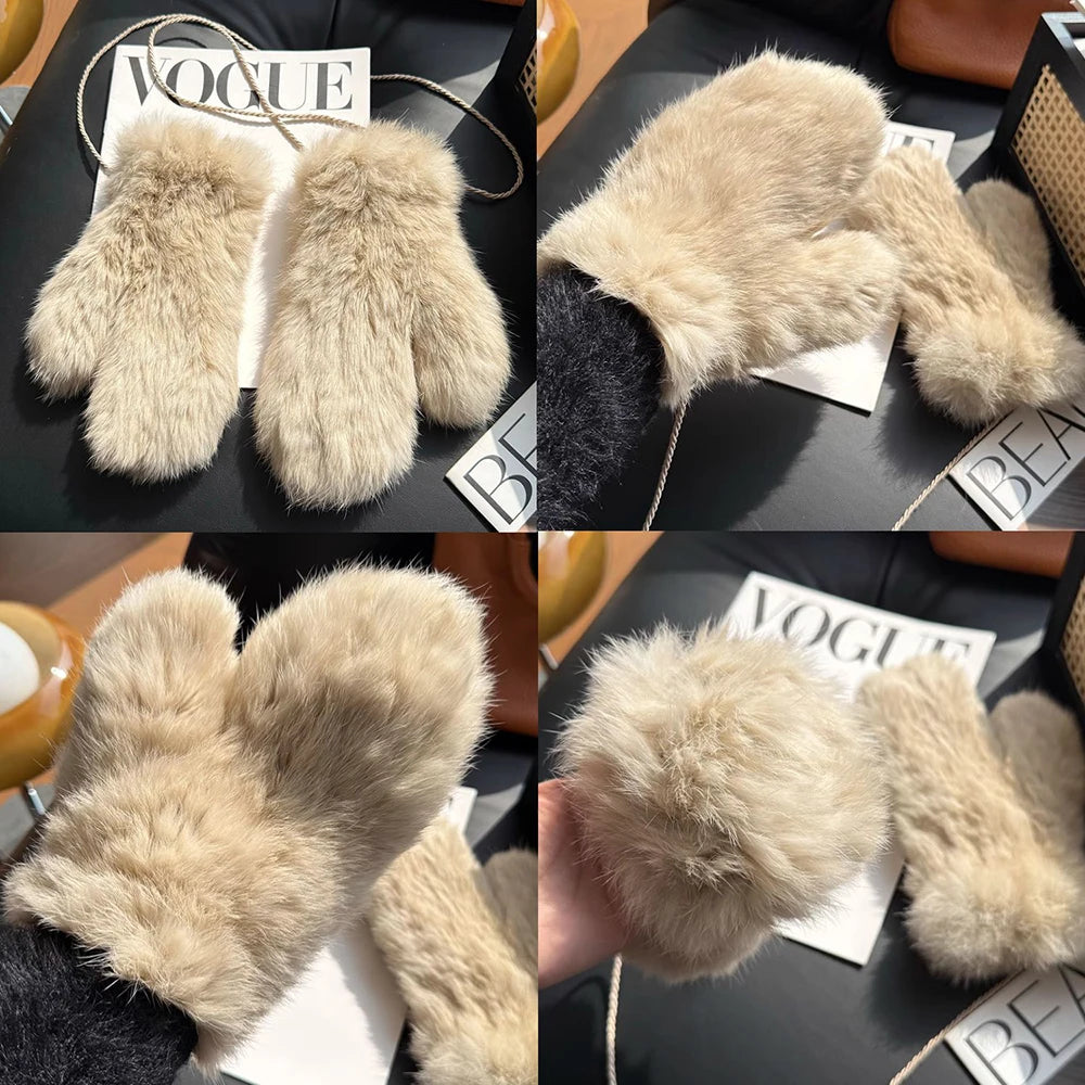 Hot Sale Women's 100% Natural Rabbit Fur Winter Gloves Warm Knit Thick Thermal Mittens Soft Real Fur Outdoor Cold Weather Glove