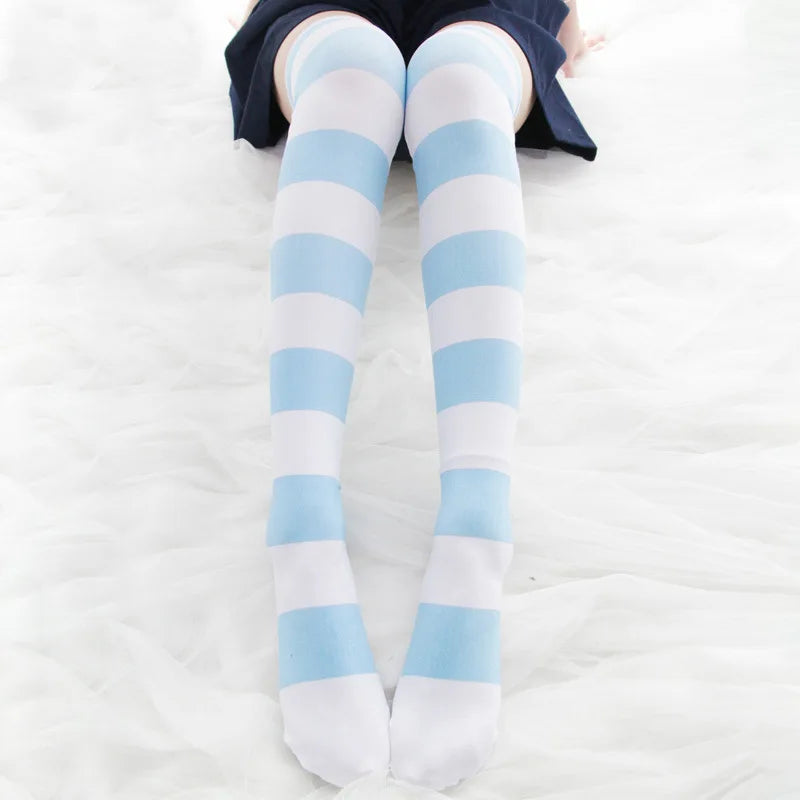 Lolita Over Knee Socks Pink Strip Kawaii Cat Paw Print Stockings Lolita Gothic Velvet Over The Knee Thigh High JK Long Stockings