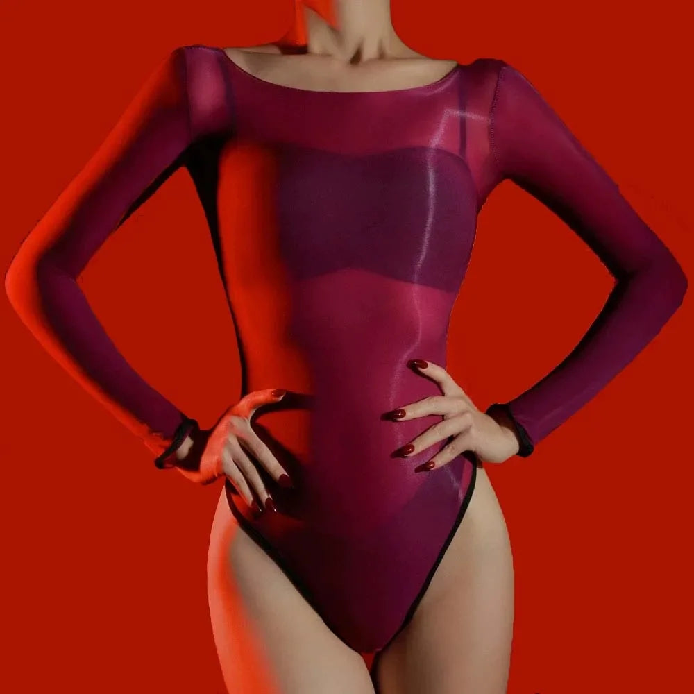 Sexy Women 5D Thin High Cut Bodysuit Oil Shiny Sheer See Through Elastic Tights Yoga Shaping Maid Jumpsuits Unisex Club Leotard