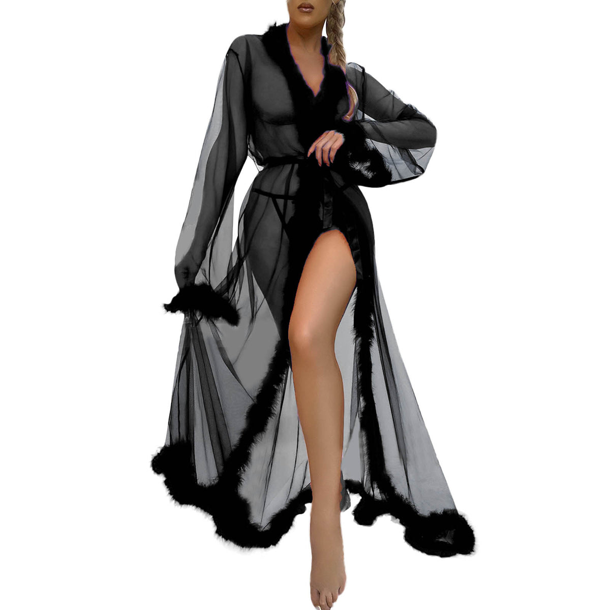 Sexy Mesh Feather Nightdress For Women Thin Robe Long Lingerie Nightgown Bathrobe Pajamas Sexy Lingerie Sleepwear Porn Babydoll