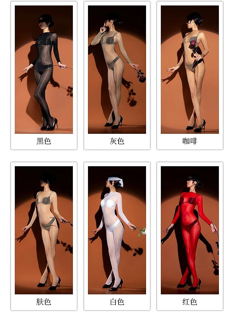 Oil Shiny Bodysuits Five Fingers Women Men Unisex Sexy Lingerie Transparent Seamless Bodysuit Thin Exotic Teddies Tight Stocking