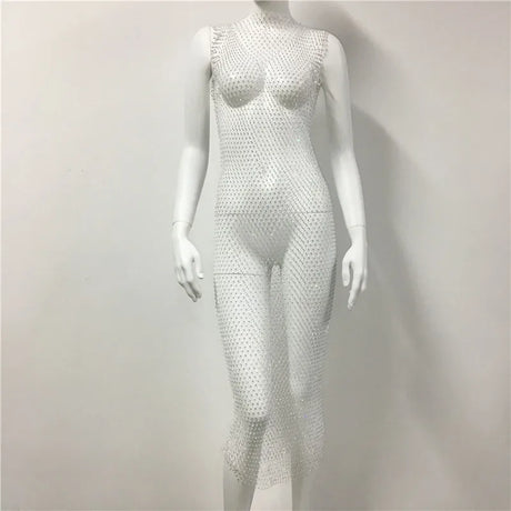 Fishnet Bling Diamonds Women Dress High Split Plaid See Through Sleeveless Summer Sexy Slim Long Dresses Dance Party Fashion New