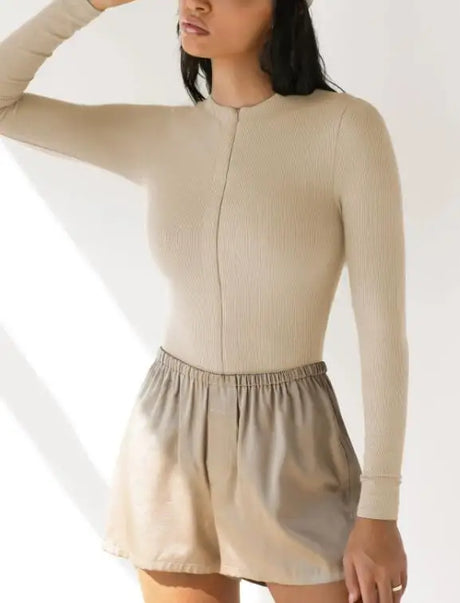 Bodysuit Women 2026 Spring New Solid Color Half Zipper Design Round Neck Long Sleeve Skinny Daily Basic Knit Bodysuit Top