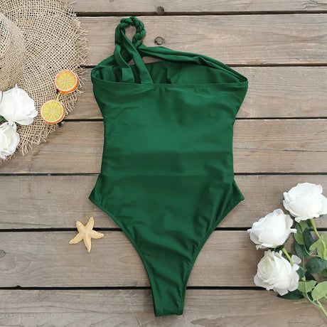 Sexy One Piece Swimsuit One Shoulder Solid Cut Out Monokini Pattern Women's Swimwear Slimming Bodysuit Women Beachwear 2022