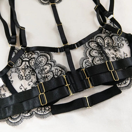 Sexy Lace Lingerie Set With Garter Belt Eyelash Underwire Bra Nude Illusion Strappy Sensual Costume Exotic Underwear Party Club