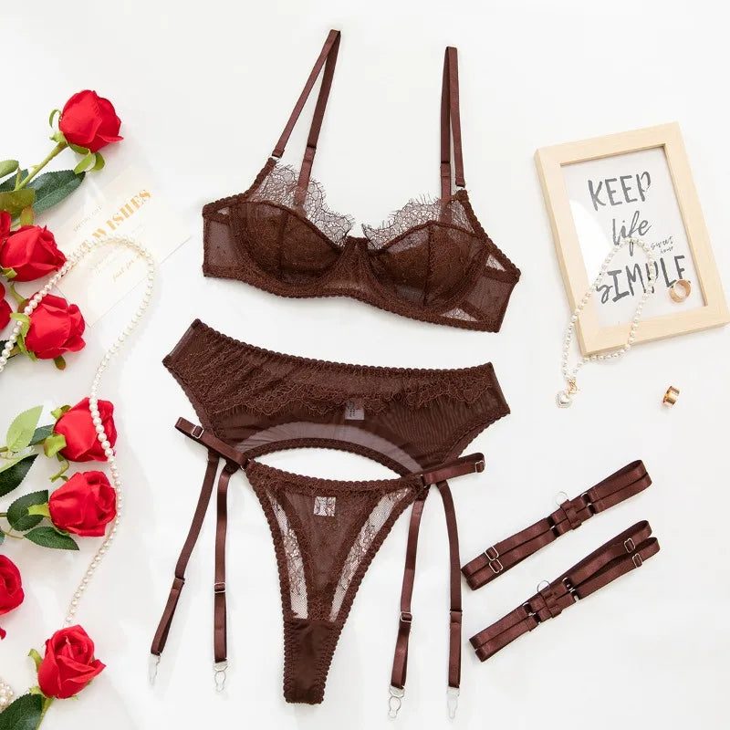 Women's Red Lace Lingerie Set with Underwire Bra High Waist Garter Belt Thong and Thigh Straps Romantic Bedroom Outfit Set 2026