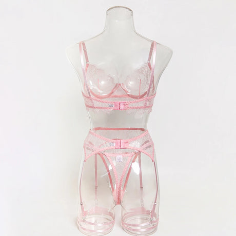 Women's Pink Floral Lace Sheer Lingerie Set See-Through Push-Up Bra Waist Cincher with Garter Belt Thong Intimate Erotic Outfits