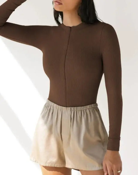 Bodysuit Women 2026 Spring New Solid Color Half Zipper Design Round Neck Long Sleeve Skinny Daily Basic Knit Bodysuit Top