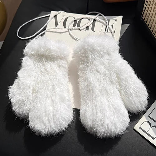 Hot Sale Women's 100% Natural Rabbit Fur Winter Gloves Warm Knit Thick Thermal Mittens Soft Real Fur Outdoor Cold Weather Glove