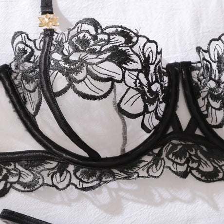 Women's Burgundy Lace Lingerie Set Underwire Bra Thong Panty Garter Straps Stockings Floral Embroidery Sexy Underwear Outfit