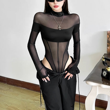 Sexy See Through Bodysuit Women Dark Gothic Streetwear Emo Alternative Grunge Y2k Long Sleeve O-neck High Waist Jumpsuit
