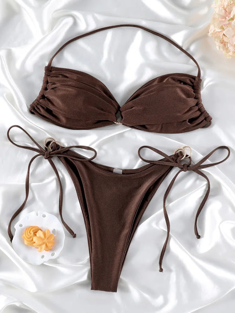 Halter Bikinis Sexy Swimsuit Women Solid Color Swimwear Hollow Out Bikini Set Two Piece Suit Summer Bathing Suits