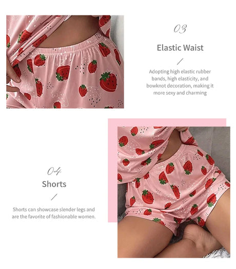 Women's Sleepwear Cute Strawberry Print Pajama Pj Set Summer Short Sleeve Top & Shorts Loungewear Soft Comfortable Home Clothing