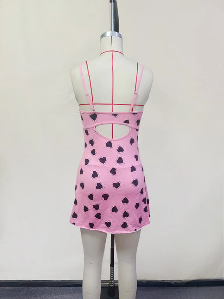Pajamas Heart Print Lace Patchwork Camisole Dress Sexy Pure Desire Erotic Slim Fit Short Dress Bowknot Deep V Sleeveless Dress