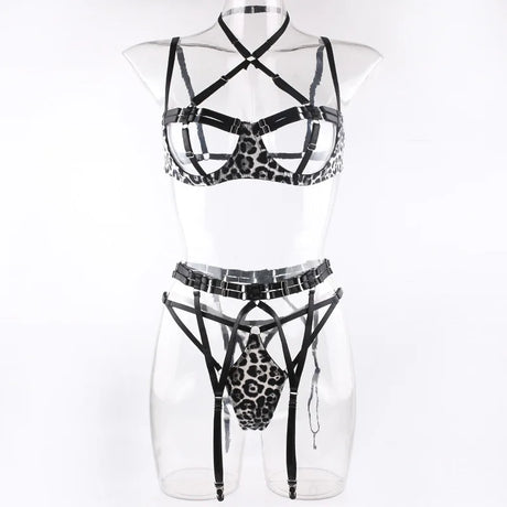 Sexy Lingerie Set for Women Hollow Out Open‑cup Underwire Bra Garter Belt Multi‑piece Bondage Lingerie Kit