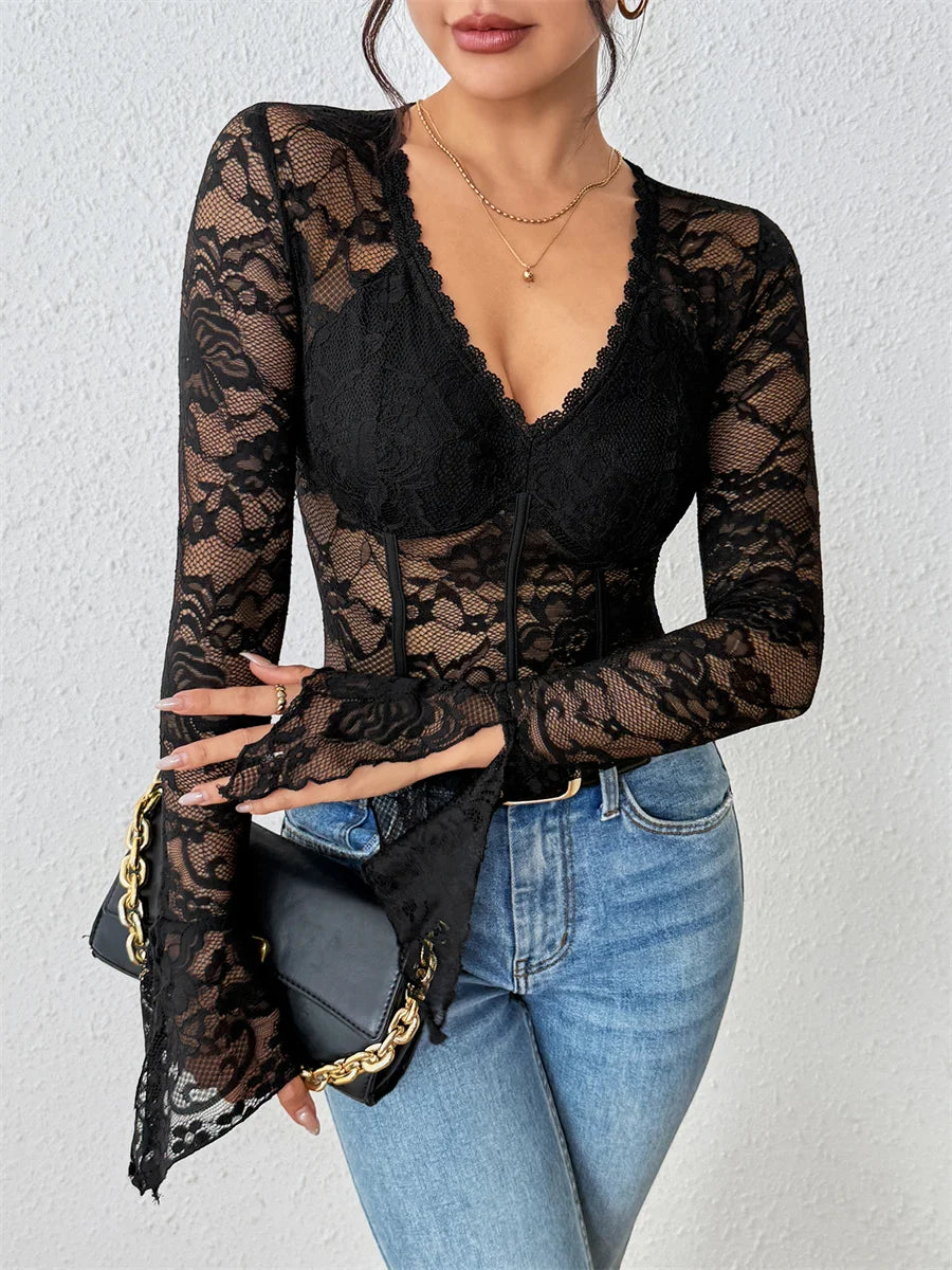 Benuynffy Black V-neck Long Sleeve Bodysuit Women's Sexy See Through Lace Bodys for Women Slim Fit One Pieces Tight Body Top