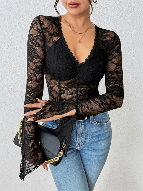 Benuynffy Black V-neck Long Sleeve Bodysuit Women's Sexy See Through Lace Bodys for Women Slim Fit One Pieces Tight Body Top