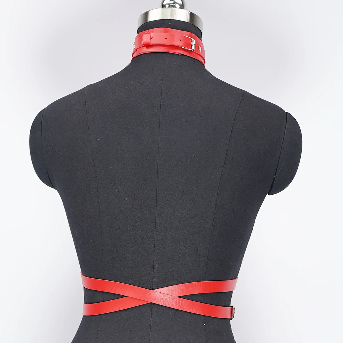 Red Leather Choker Necklace & Body Harness Set - Adjustable Straps, Punk Gothic Style, Waist Belt Jewelry Accessory for Women