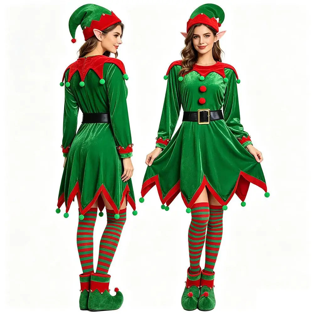 Adult Christmas Themed Elf Cosplay Costume Set Full Outfit with Long-Sleeve Green Dress for Holiday Parties Christmas Attire