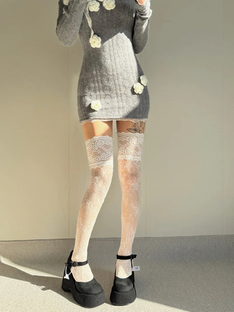 Women Fishnets Stockings Sexy Lace Fishnet Floral Knee High Socks Breathable Hollow-out JK Mesh Lolita Retro Thigh Highs Socks