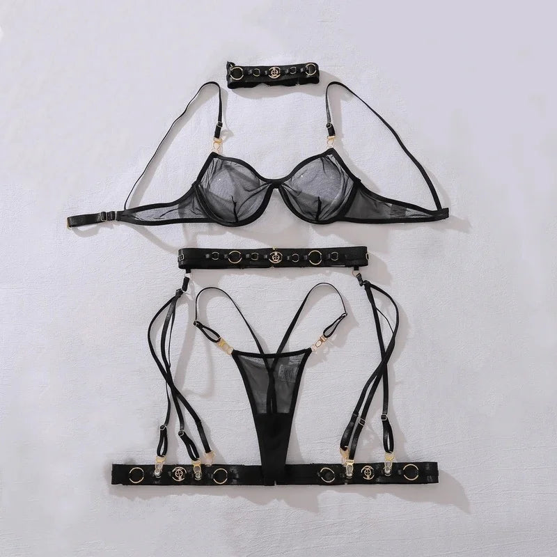 2026 Fashion Heavy Crafted Metal Decorative Lingerie Set with Buckle Women Mesh Transparent Bra Lady Sexy Body Shaping Underwear