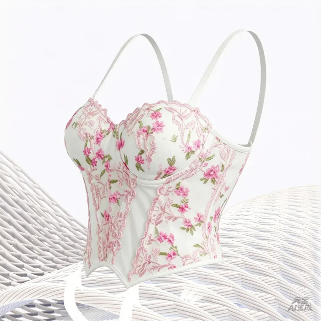 Retro White Mesh Corset Women Gothic Thin Strap Sweetheart Pink Floral Embroidery Waist Shaper Elegant Wear