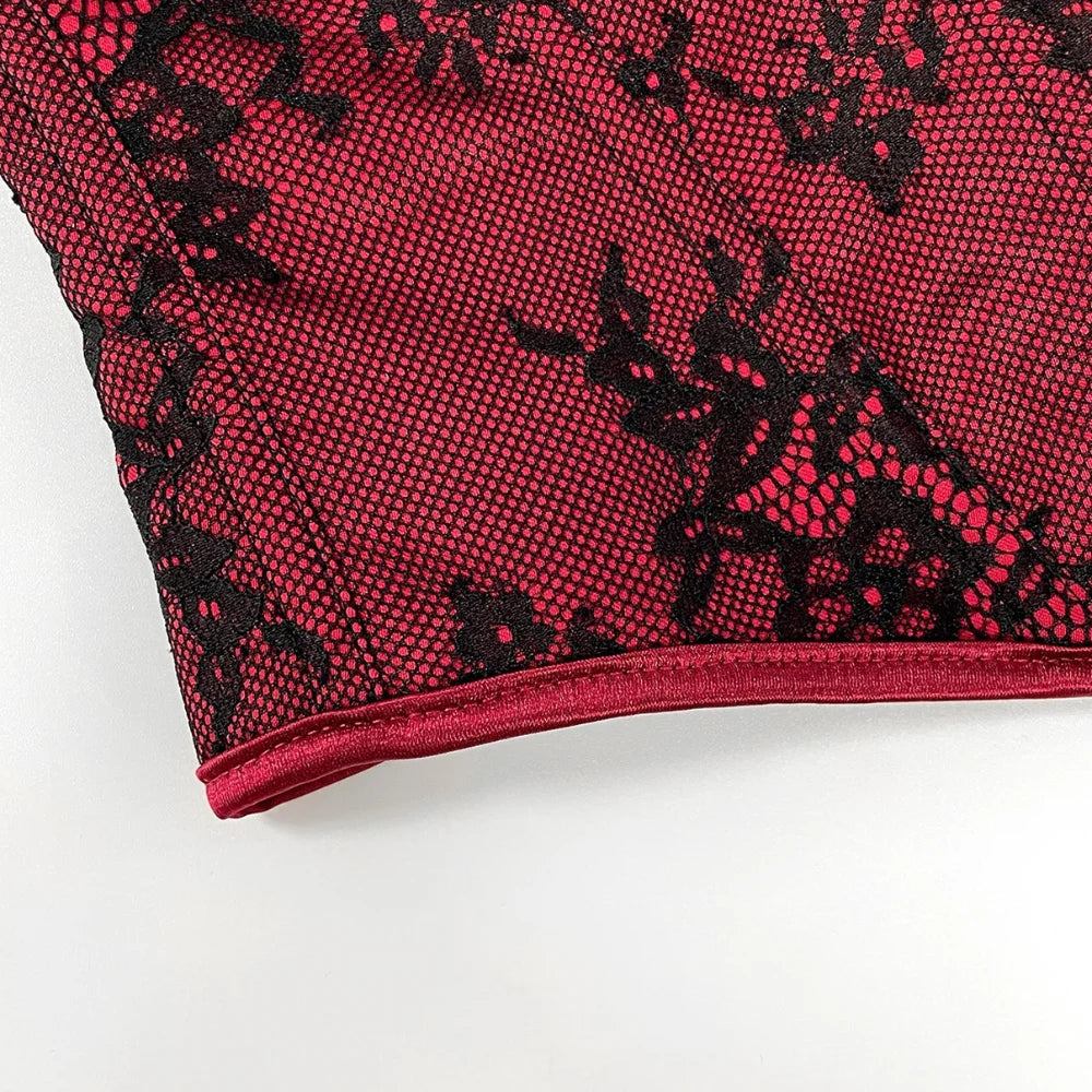 Women's Lace Corset Top Strapless Burgundy Black Molded Cup Back Lace-Up Waist Cincher Push-Up Bustier