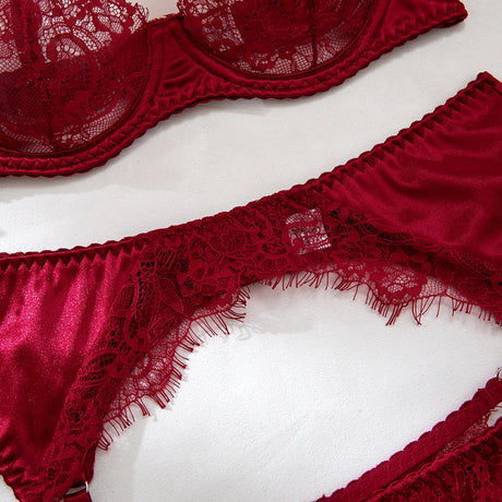 Willowy Women's Lingerie Sets Gorgeous French Lace Satin Patchwork Bra Belt Thong with Leg Circles Slim Sexy Underwear