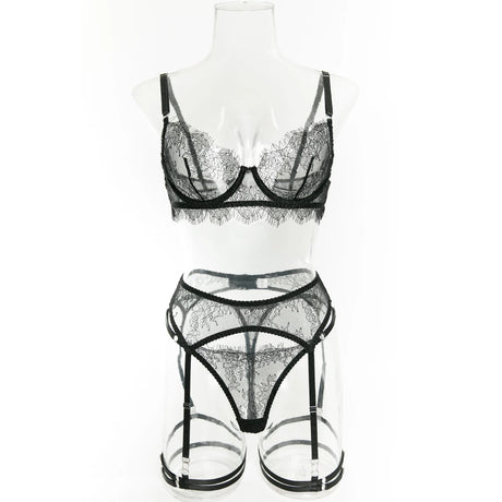 Women's Pink Floral Lace Sheer Lingerie Set See-Through Push-Up Bra Waist Cincher with Garter Belt Thong Intimate Erotic Outfits