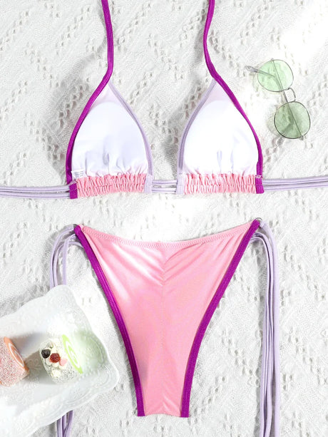 Rinabe Pink Bikini String Bikinis Triangle Swimsuit High Cut Swimsuits Sexy Swimwear Halter Bathing Suit New Style Beachwear