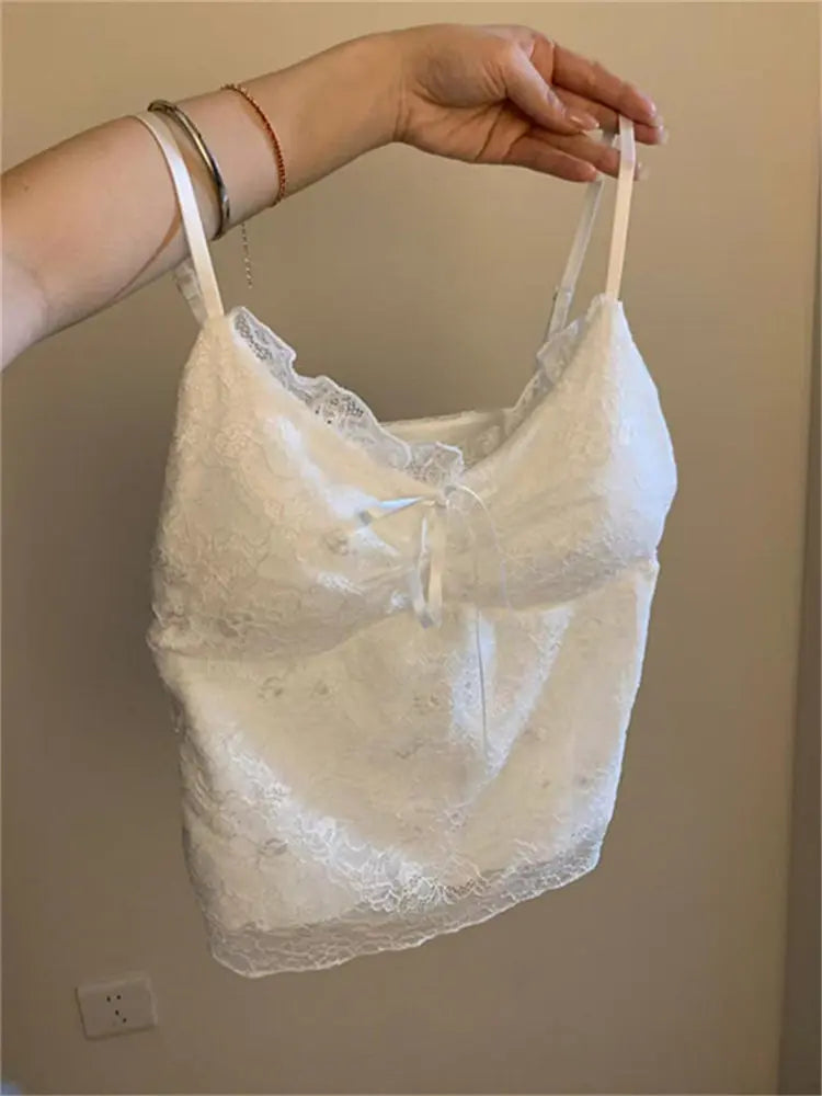 Elegant Lace White Camisole Women's Vest with Chest Pad Unique Design Inner Wear Base Top Knot Backless Style