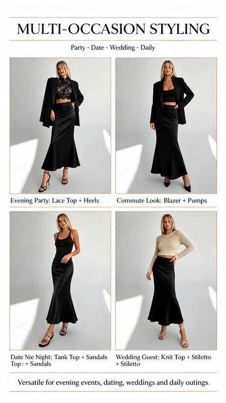 Women Black Satin Mermaid Maxi Skirt High Waist Bodycon Long Skirt Elegant Evening Party Formal Dressy Skirts
