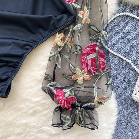 SINGREINY Vintage Embroidery Gauze Sexy Bodysuits Stand Collar Long Sleeve Playsuits Fashion Spliced Women Open crotch Rompers