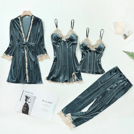 TOP Casual Velour Home Clothing 4pcs Sleep Set Intimate Lingerie Women Pajamas Suit Long Sleeve Lace Velvet Homewear Pyjamas Set
