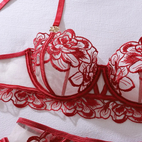 Women's Burgundy Lace Lingerie Set Underwire Bra Thong Panty Garter Straps Stockings Floral Embroidery Sexy Underwear Outfit