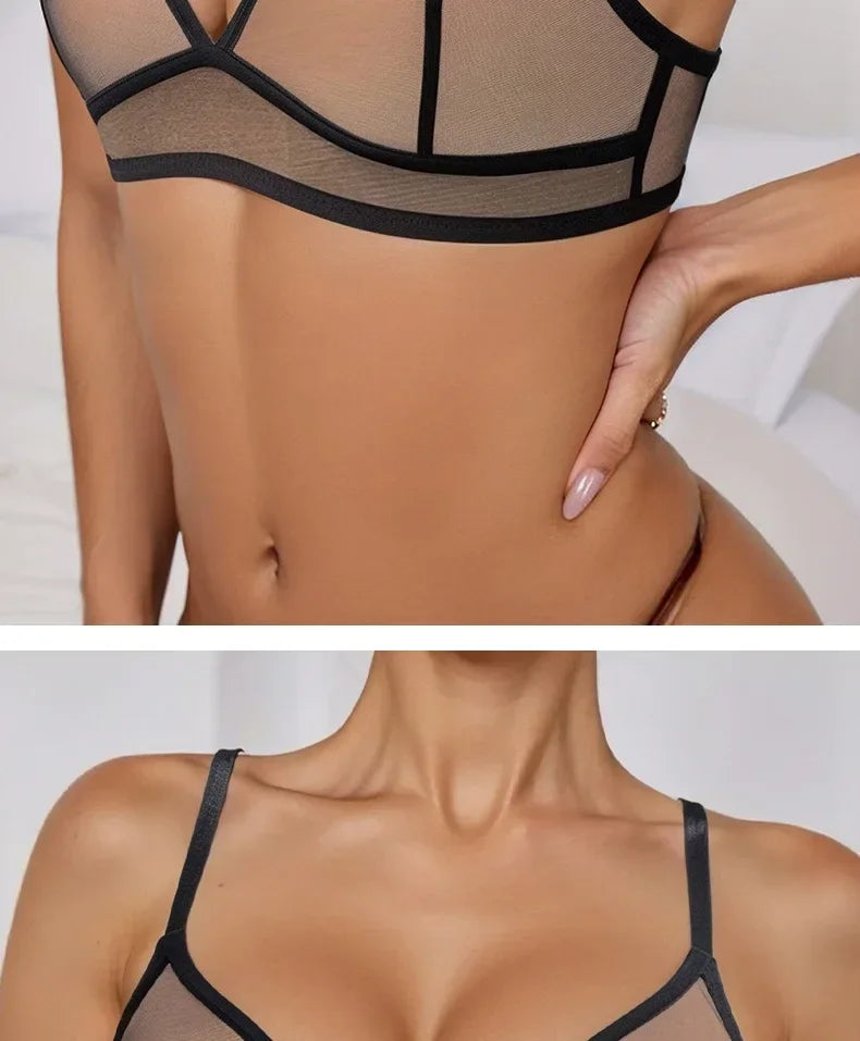 Sexy Transparent Ladies' Brassiere Three-piece Women's Bra Small Bust Mesh Lingerie Ultra-thin Triangle Double Shoulder Straps