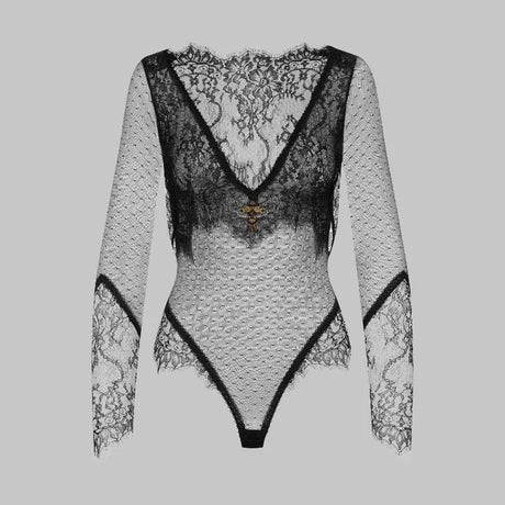 Tornova Erotic Bodysuit Sexy See-through Lace Jumpsuit Black V-neck Long-sleeved Sexy Cute Lingerie Set Tempting Pure Lust Style