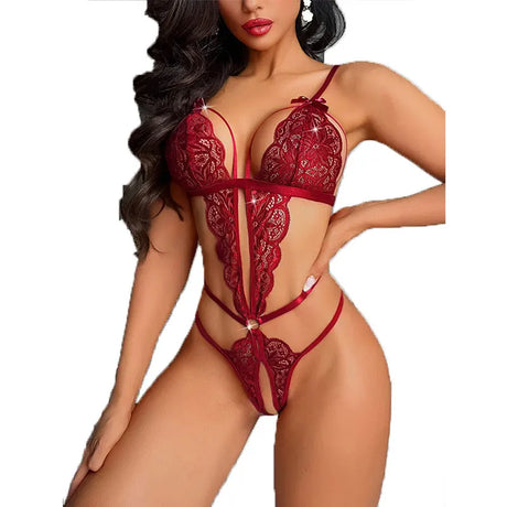 Pajamas Clothing Sexy Women's Open Deep V Lingerie Sets Lace Sheer Bodysuits Sex Crotchless Hollowed Out Babydoll Dresses Tights