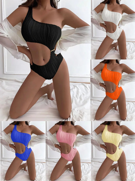 One Shoulder Cutout Monokini Swimsuit 6 Colors Textured Fabric with Gold Buckle Detail for Women Beachwear Bikini