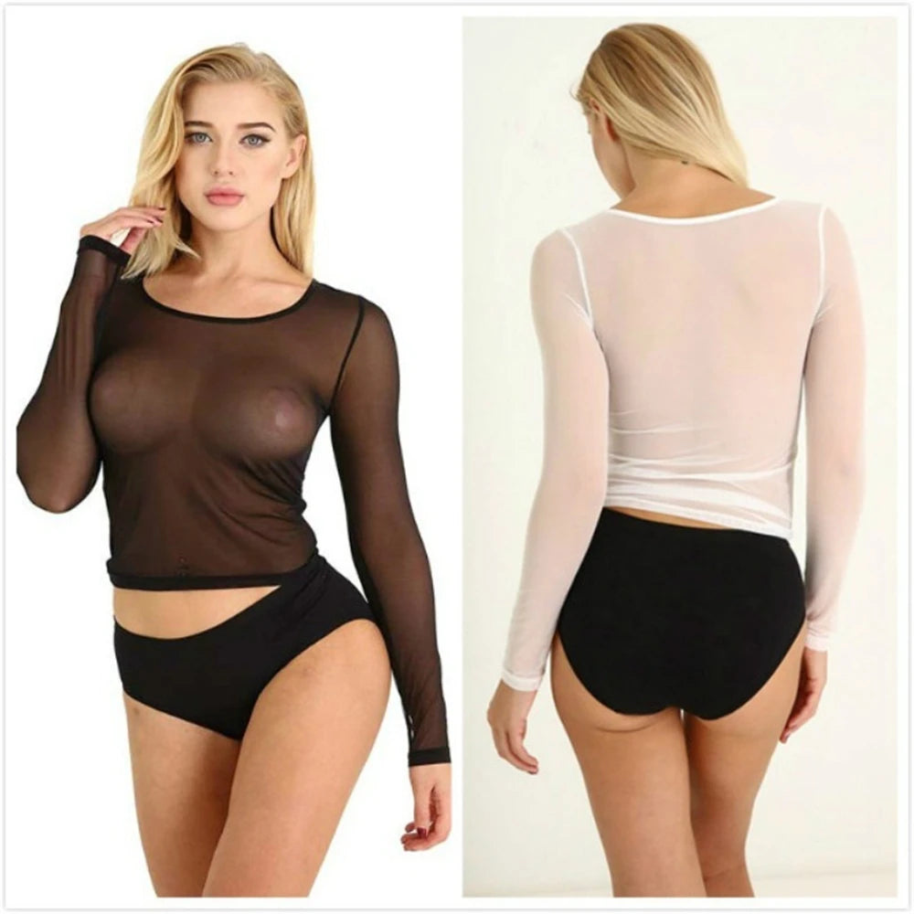 Sexy Women T Shirt See Through Mesh Black Long Sleeve Bodysuit Sheer Slim Turtleneck Tulle Crop Top T-Shirt Transparent Clubwear