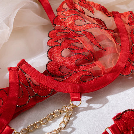 Red Bondage Lingerie Set Women Gold Chain Lace Harness Unlined Underwire Bra Garter Belt Thigh Rings Gothic Punk Exotic Apparel