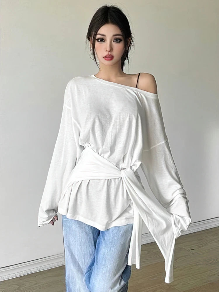 See Through Long Sleeve Oversize T Shirt Women Sexy Back Bandage Off Shoulder Top Female Basic Long Tees Korean Chic Lady New