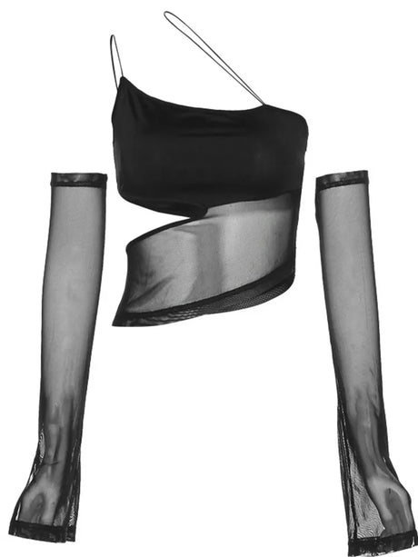 Asymmetrical Cut Out Mesh Crop Top with Sleeves Fairy Grunge Clothes Transparent Camisole Tank Tops