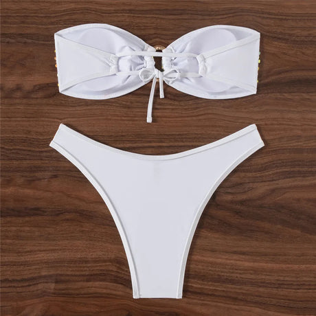 Pink Shiny Glitter Mesh Bandeau Bikinis Sets Sexy Swimsuit Woman 2026 Metal Ring Swimwear High Cut Bathing Suit Bikini De Mujer