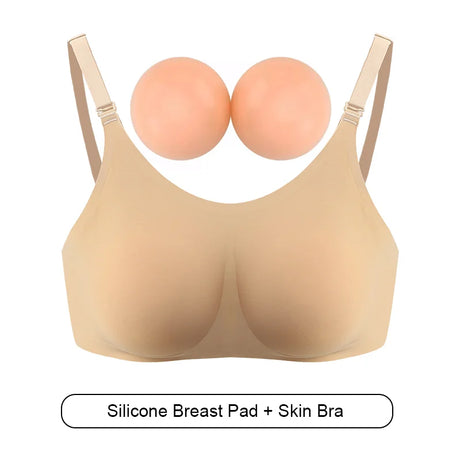 2024 Round Shape Silicone Fake Breast Forms Push Up Seamless One Piece Bra for Crossdresser Shemale Drag Queen Large 2 In 1