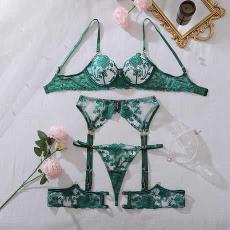 Heavy industry embroidery sequin red slim fit perspective high-end splicing gemstone decoration sexy lingerie four piece set